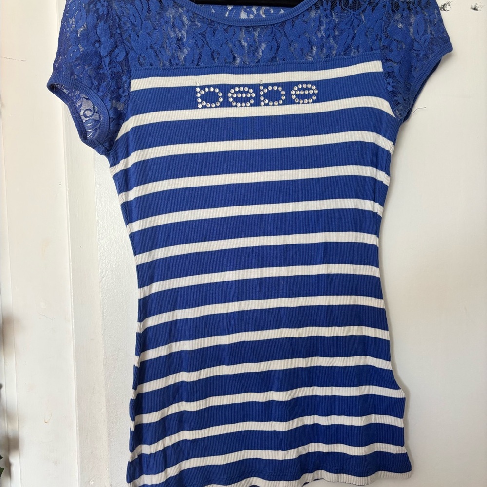 Bebe Royal Blue and White Striped Lace Tee